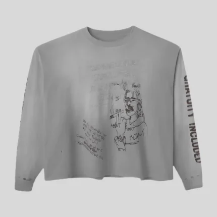 HMDD Graphic Sweatshirt in light gray with sketch artwork and sleeve lettering