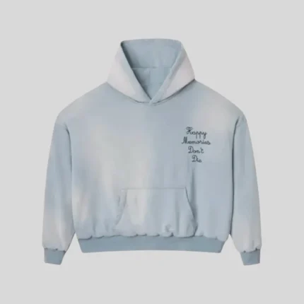 HMDD light blue hoodie with Happy Memories Don't Die chest lettering