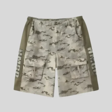 HMDD grey camouflage cargo shorts with multiple utility pockets and streetwear detailing