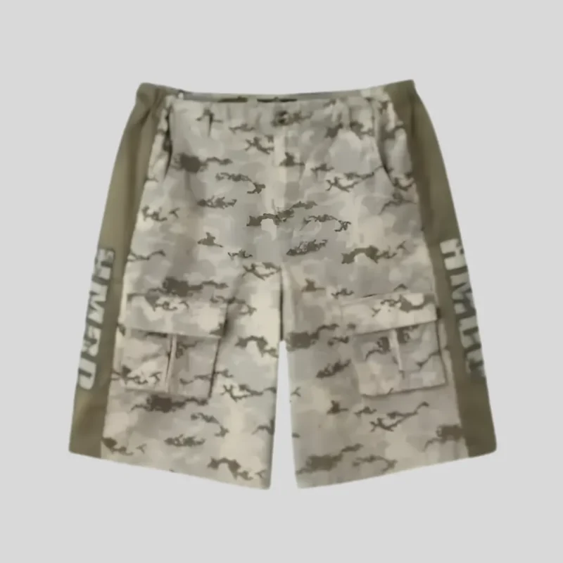 HMDD grey camouflage cargo shorts with multiple utility pockets and streetwear detailing