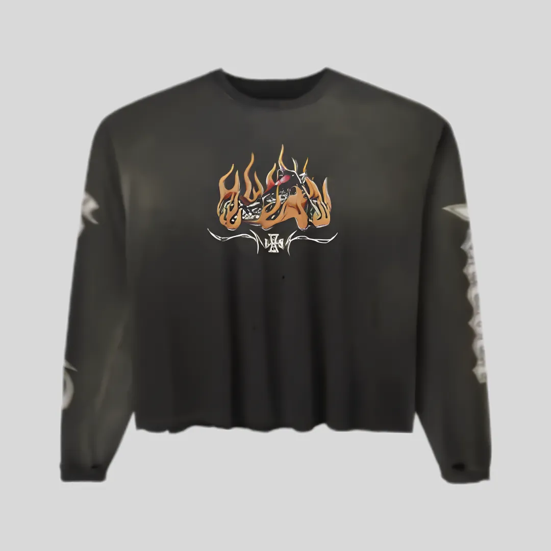 Black Flame Graphic Streetwear Sweatshirt with sleeve graphics