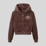 HMDD brown zip up hoodie with subtle chest graphic and front kangaroo pocket