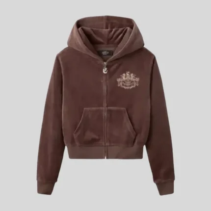 HMDD brown zip up hoodie with subtle chest graphic and front kangaroo pocket