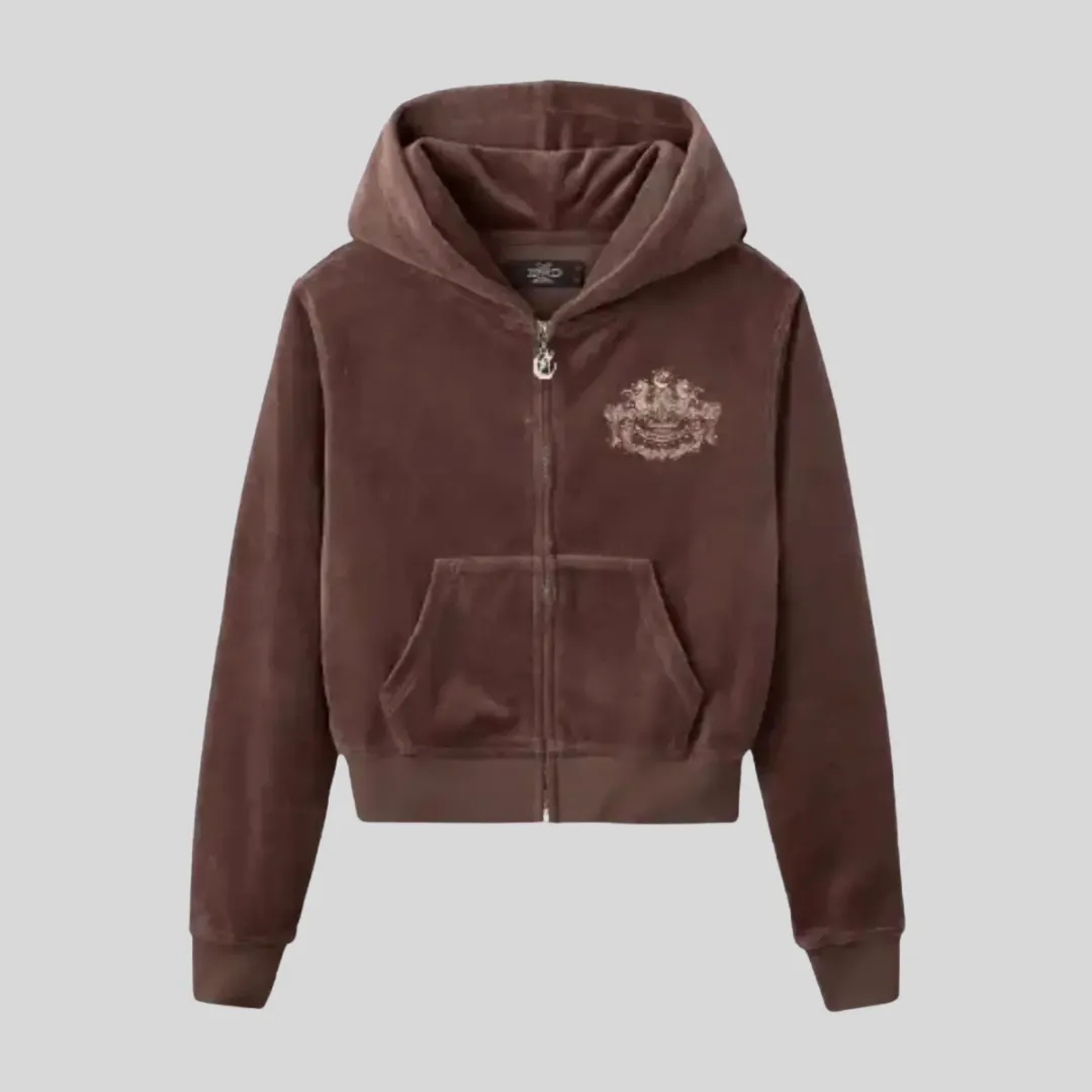 10 HMDD brown zip up hoodie with subtle chest graphic and front kangaroo pocket