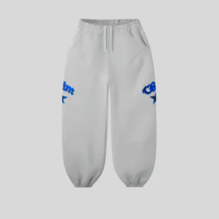 White relaxed-fit sweatpants with adjustable drawstring waist, elastic cuffs and blue graphic details on both upper legs.