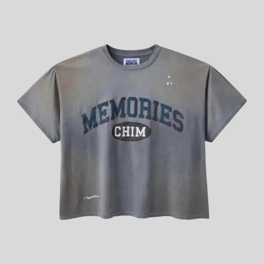 HMDD Memories CHIM Oversized Graphic T-Shirt in vintage grey with collegiate front print and relaxed oversized streetwear fit.