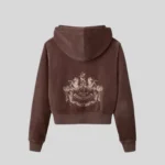HMDD brown zip up hoodie with subtle chest graphic and front kangaroo pocket