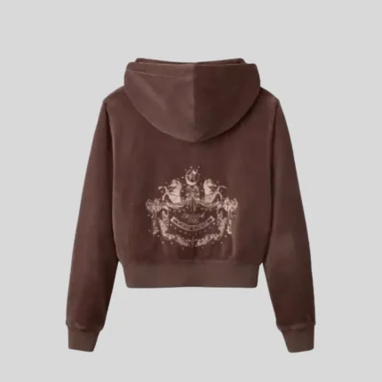 HMDD brown zip up hoodie with subtle chest graphic and front kangaroo pocket