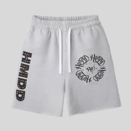 HMDD white graphic sweat shorts with vertical lettering and hand-drawn circular artwork