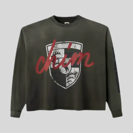 HMDD Denim graphic sweatshirt with shield artwork and red script front design