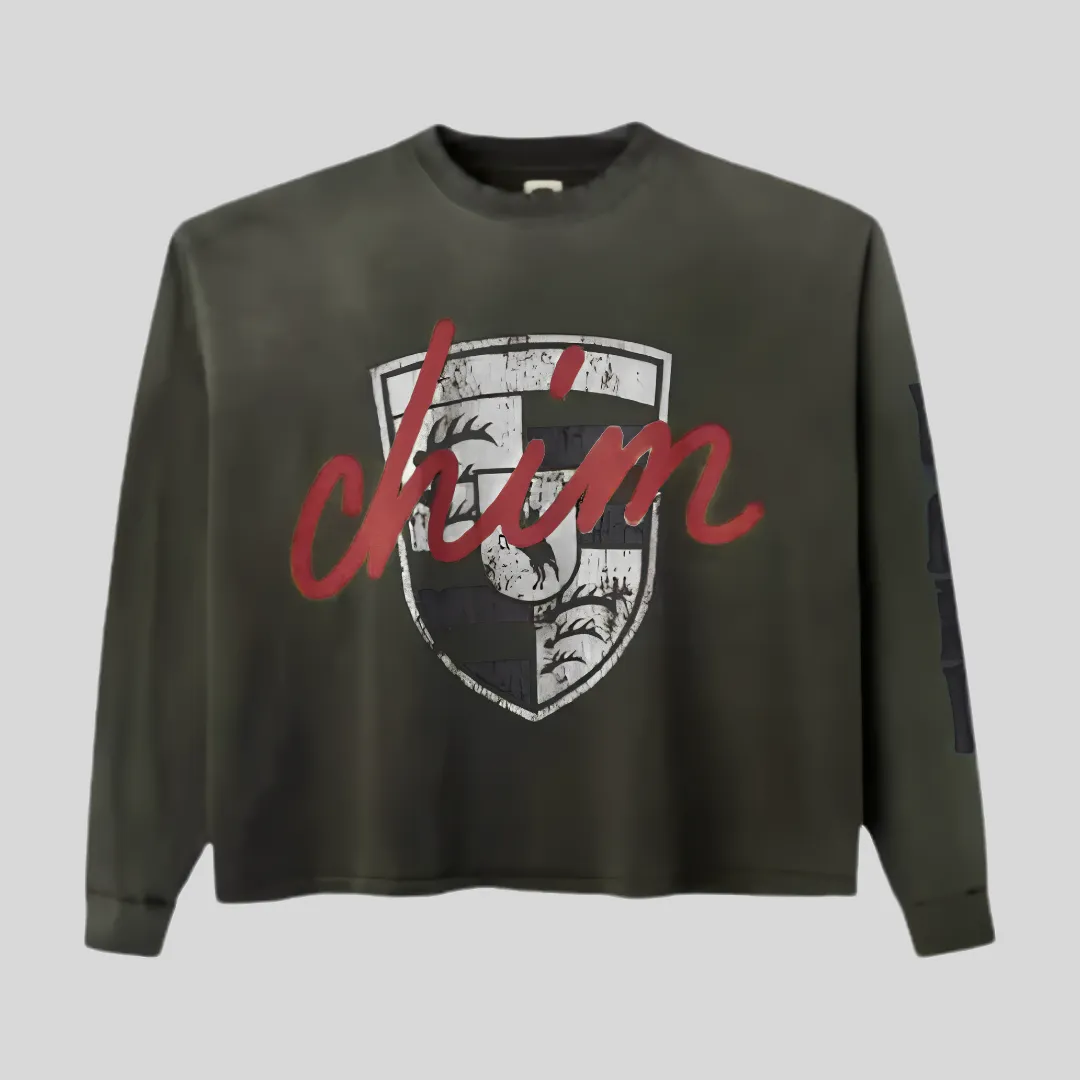 12 HMDD Denim graphic sweatshirt with shield artwork and red script front design