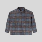 HMDD Vintage Plaid Oversized Button-Up Shirt in blue and brown check pattern with relaxed streetwear fit.
