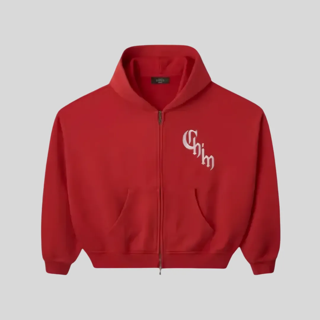 12 HMDD red zip up hoodie with white CHIM chest graphic and front pockets