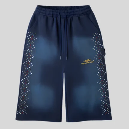 Navy blue relaxed-fit sweatpants featuring multicolor rhinestone-style embellishments along both outer legs and a small gold graphic on the upper thigh.