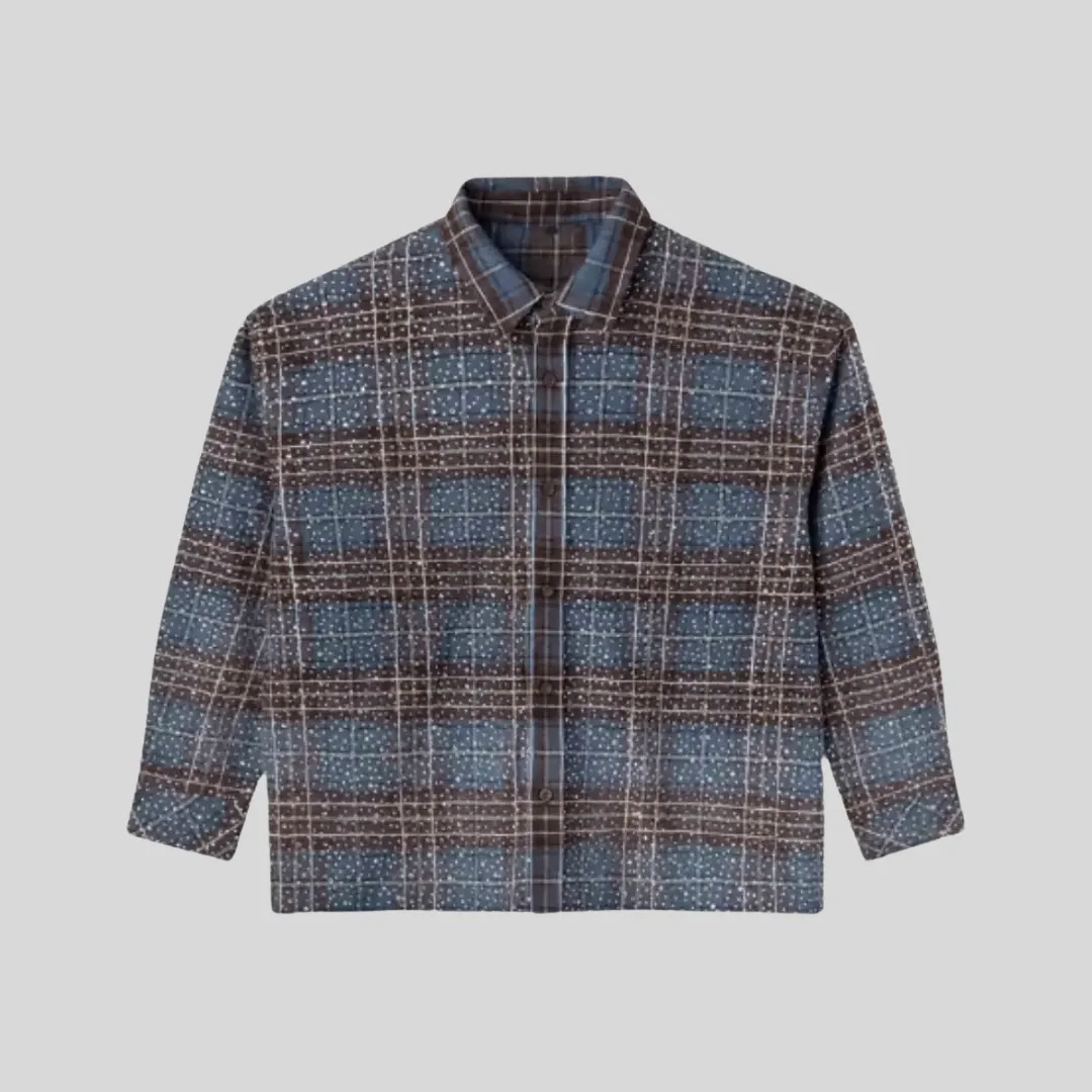 HMDD Vintage Plaid Oversized Button-Up Shirt in blue and brown check pattern with relaxed streetwear fit.