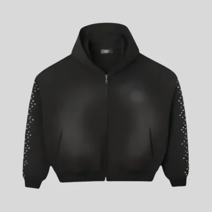 HMDD black zip up hoodie with white dotted sleeve graphics and hood