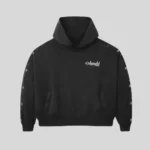 HMDD black graphic hoodie with white chest logo and repeating sleeve pattern