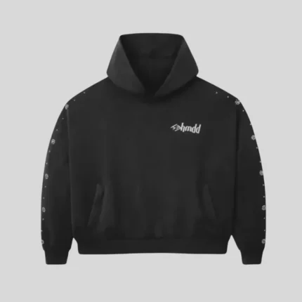 HMDD black graphic hoodie with white chest logo and repeating sleeve pattern