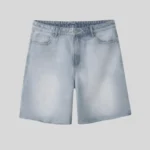 HMDD light wash denim shorts with classic front pockets, belt loops, button closure, and relaxed fit