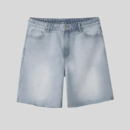 HMDD light wash denim shorts with classic front pockets, belt loops, button closure, and relaxed fit