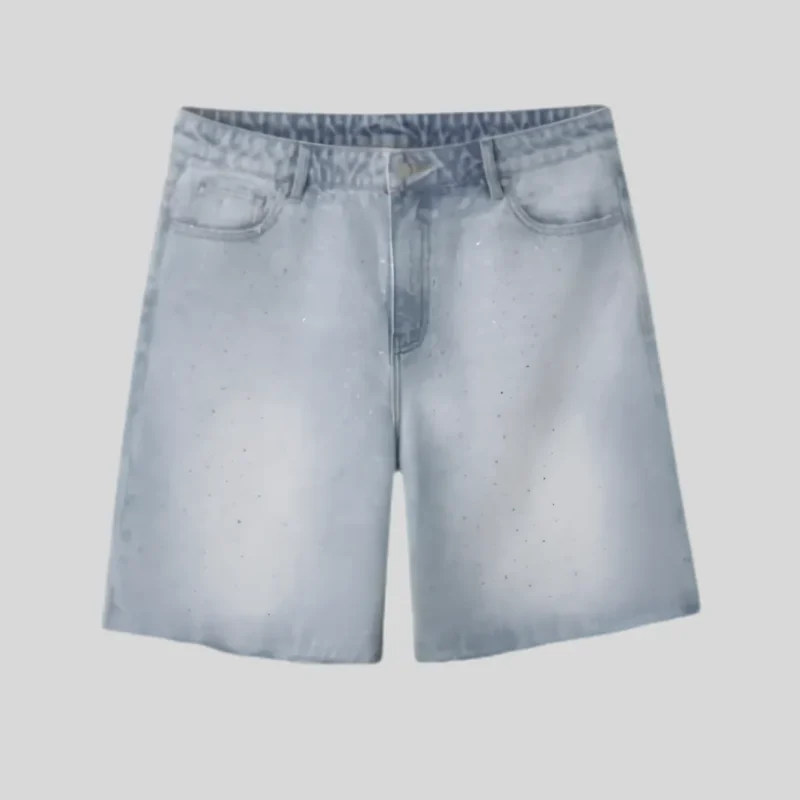 HMDD light wash denim shorts with classic front pockets, belt loops, button closure, and relaxed fit