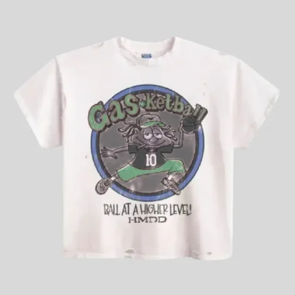 HMDD Basketball Graphic Oversized White T-Shirt featuring cartoon basketball print and relaxed streetwear fit.
