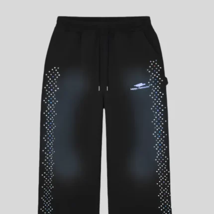 Black relaxed-fit sweatpants with sparkling rhinestone-style embellishments running along both outer legs and a small reflective graphic on the upper thigh.