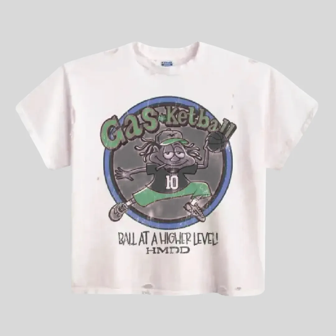HMDD Basketball Graphic Oversized White T-Shirt featuring cartoon basketball print and relaxed streetwear fit.