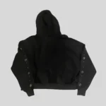HMDD black graphic hoodie with white chest logo and repeating sleeve pattern