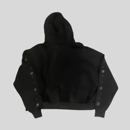HMDD black graphic hoodie with white chest logo and repeating sleeve pattern