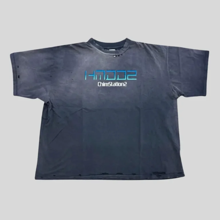 HMDD ChimStation2 Oversized Graphic T-Shirt in vintage black featuring futuristic front logo and relaxed oversized streetwear fit.