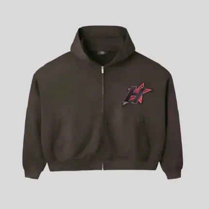 HMDD brown zip up hoodie with red and black chest graphic