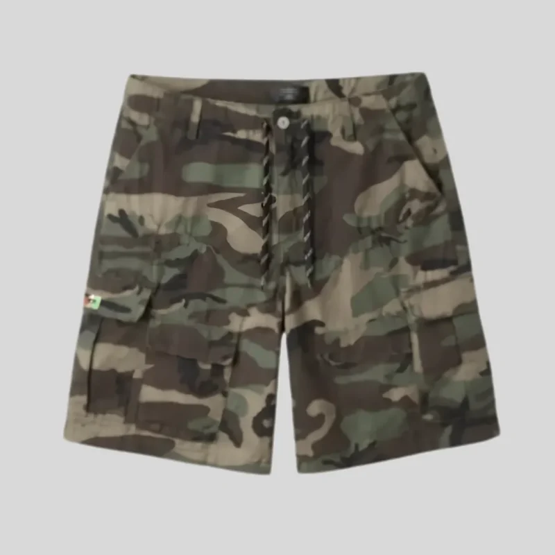 HMDD woodland camouflage cargo shorts with cargo pocket detailing and relaxed streetwear silhouette