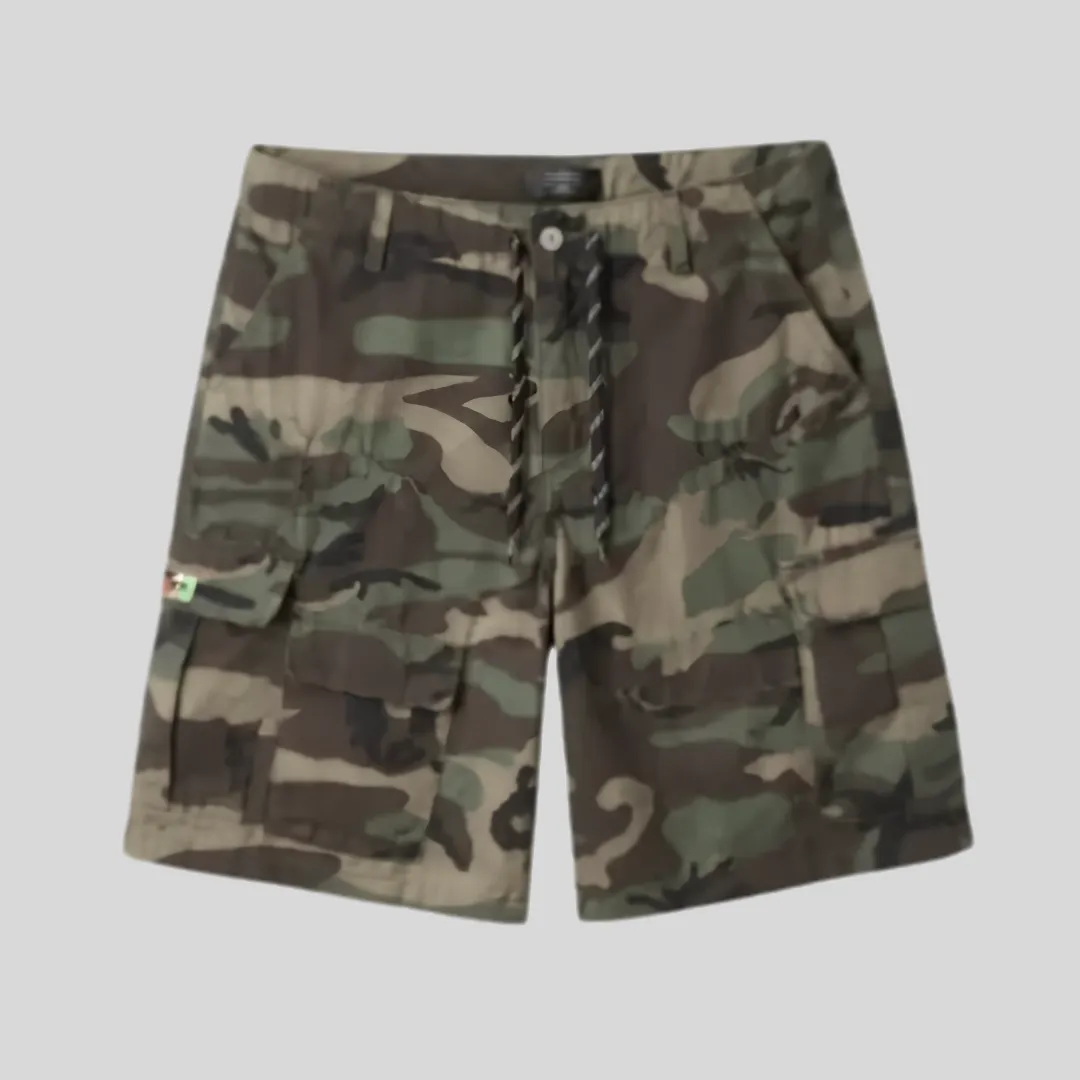 16 HMDD woodland camouflage cargo shorts with cargo pocket detailing and relaxed streetwear silhouette
