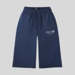 CHIM navy blue wide-leg sweat shorts with elastic waistband, drawstring waist and minimalist white front logo
