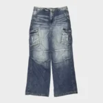 Blue baggy cargo jeans with washed denim, large utility side pockets, layered knee panels and relaxed wide-leg fit.