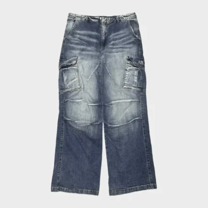 Blue baggy cargo jeans with washed denim, large utility side pockets, layered knee panels and relaxed wide-leg fit.