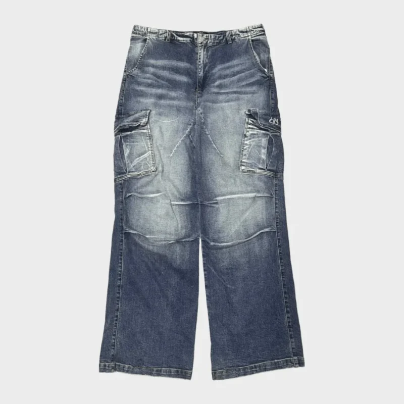 Blue baggy cargo jeans with washed denim, large utility side pockets, layered knee panels and relaxed wide-leg fit.