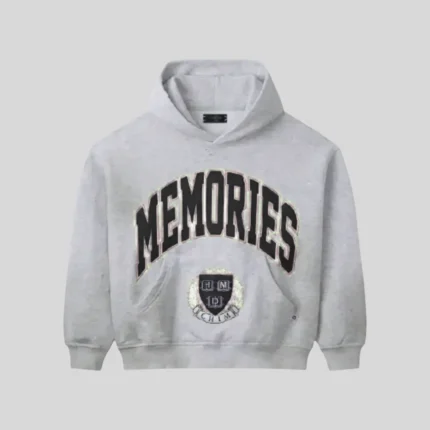 HMDD Memories grey hoodie with bold black graphic lettering and HMDD crest