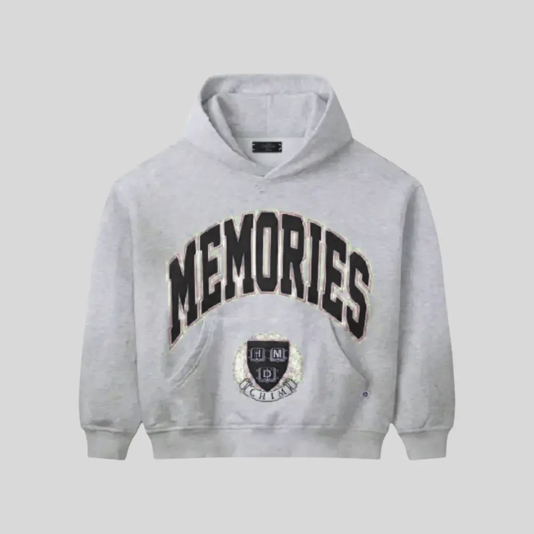 19 HMDD Memories grey hoodie with bold black graphic lettering and HMDD crest
