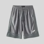 Charcoal grey wide-leg sweat shorts with elastic waistband, adjustable drawstring and subtle white side logo.