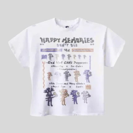 HMDD Happy Memories Don't Die graphic oversized white T-shirt with colorful vintage-inspired front artwork and streetwear design.