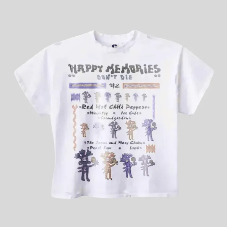 HMDD Happy Memories Don't Die graphic oversized white T-shirt with colorful vintage-inspired front artwork and streetwear design.