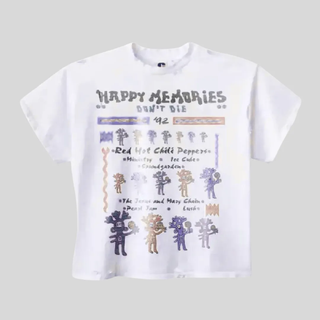 HMDD Happy Memories Don't Die graphic oversized white T-shirt with colorful vintage-inspired front artwork and streetwear design.
