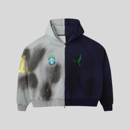 HMDD split grey and navy zip hoodie with contrasting chest graphics