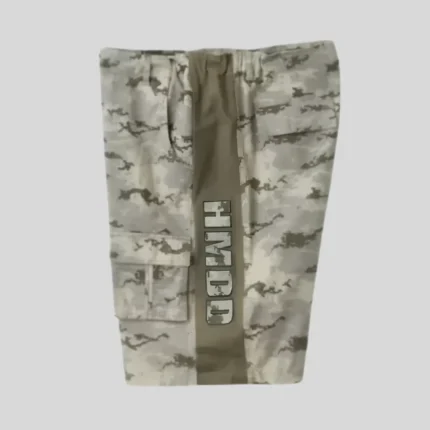 HMDD grey camouflage cargo shorts with multiple utility pockets and streetwear detailing