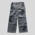 Grey wide-leg cargo pants with multiple utility pockets and tonal graphic details in a relaxed streetwear fit.