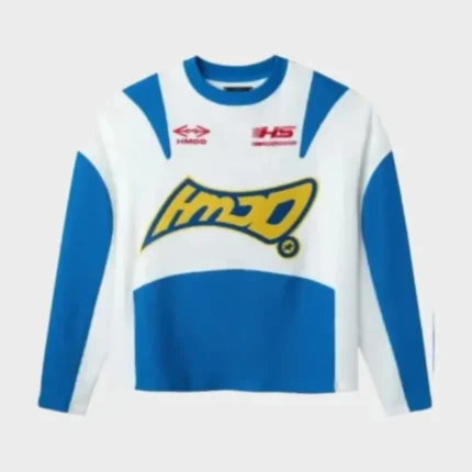 HMDD graphic white and blue sweatshirt with yellow front logo
