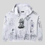 HMDD white graphic hoodie with Happy Memories artwork, hand-drawn illustrations, and all-over streetwear graphics