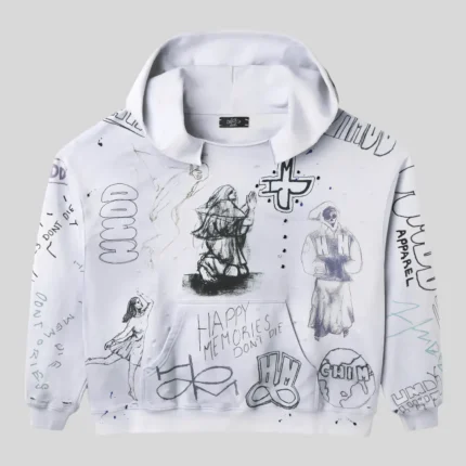 HMDD white graphic hoodie with Happy Memories artwork, hand-drawn illustrations, and all-over streetwear graphics